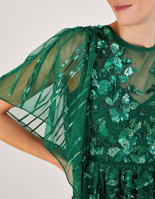 Monsoon نحيف فستان طويل مزين من تصميم ottilie من البوليستر المعاد تدويره D68H1181 ملابس أخضر