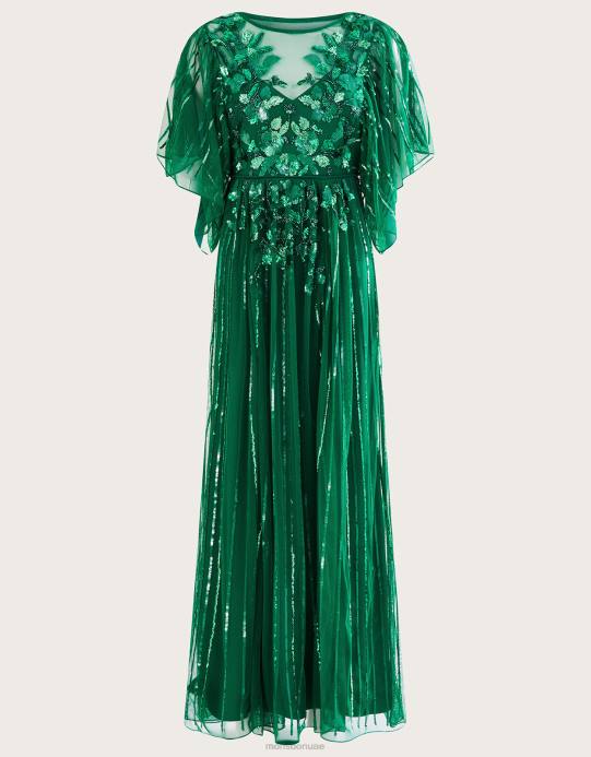 Monsoon نحيف فستان طويل مزين من تصميم ottilie من البوليستر المعاد تدويره D68H1181 ملابس أخضر