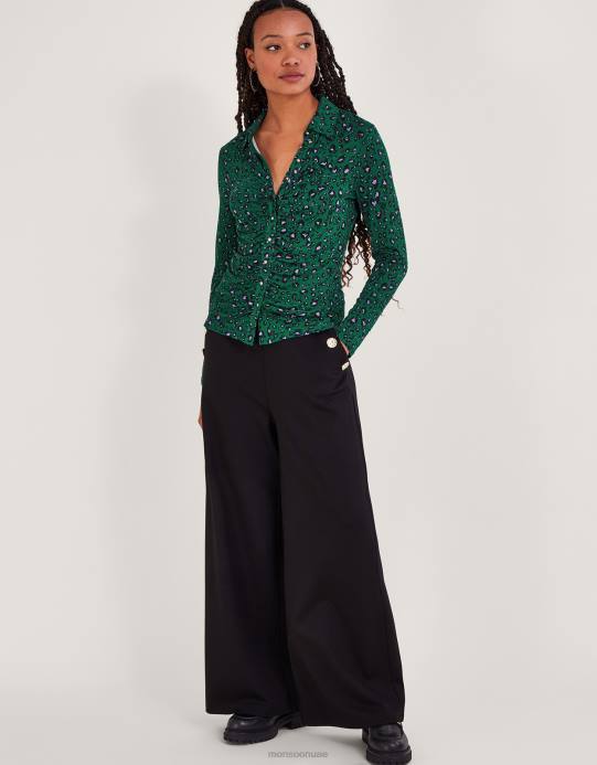 Monsoon نحيف طباعة قميص جيرسي ruched D68H95 ملابس أخضر