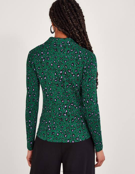 Monsoon نحيف طباعة قميص جيرسي ruched D68H95 ملابس أخضر