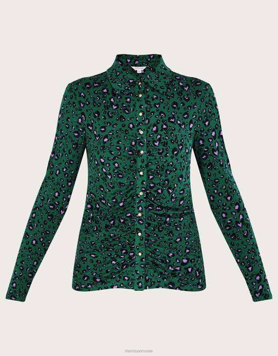 Monsoon نحيف طباعة قميص جيرسي ruched D68H95 ملابس أخضر